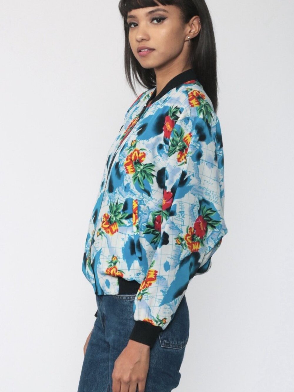 Vintage Notations Women’s Zip Up Bomber Jacket S Petite Floral Maps Pockets